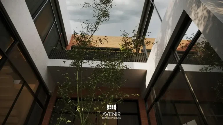 Internal courtyard with a tree between glazed rooms in the DHA Phase 6 house