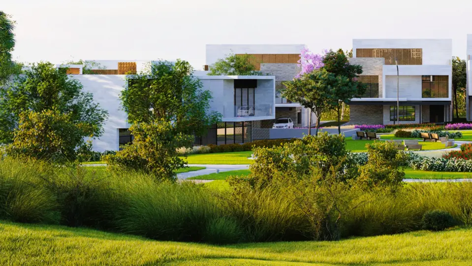 Computer-generated view of contemporary villas behind landscaped planting at Eighteen Islamabad