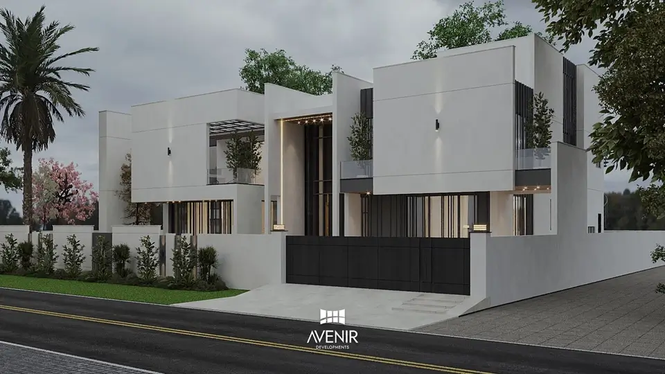 Evening render of a two-storey 2 Kanal house in Sector M-1, Lake City Lahore, with white volumes, a tall glazed entrance and a black sliding gate