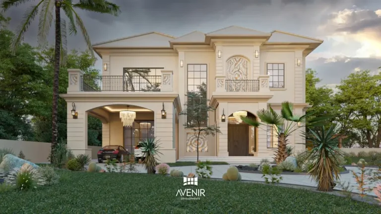 Front elevation of a two-storey classical house with a pedimented porch, designed by Avenir Developments