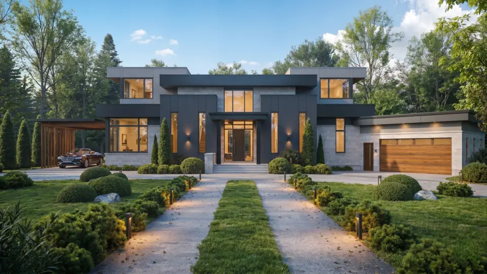 Low modern farmhouse with deep roof overhangs and lawns at Chak Shahzad Farms, Islamabad