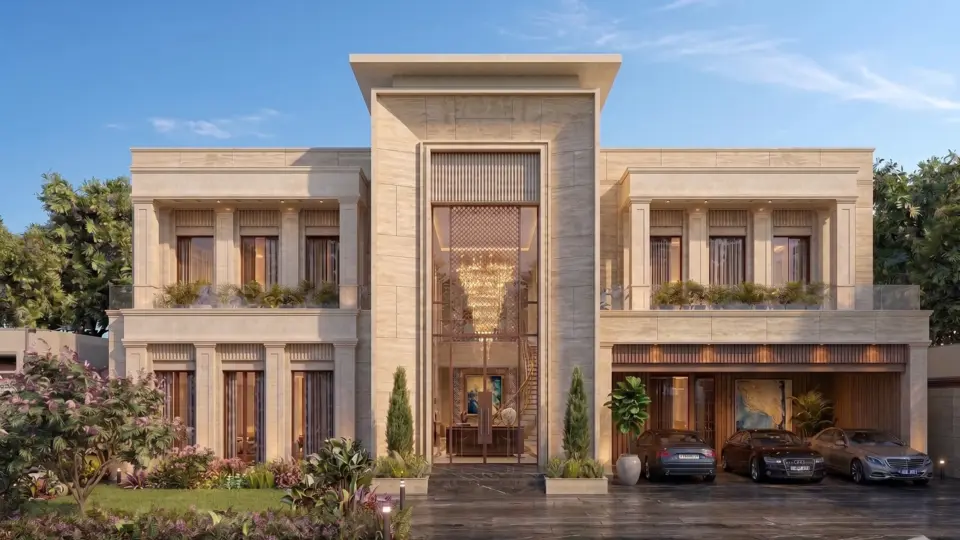 Render of a symmetrical, stone-clad neo-classical house on a 2 Kanal plot in Gulberg Greens, Islamabad