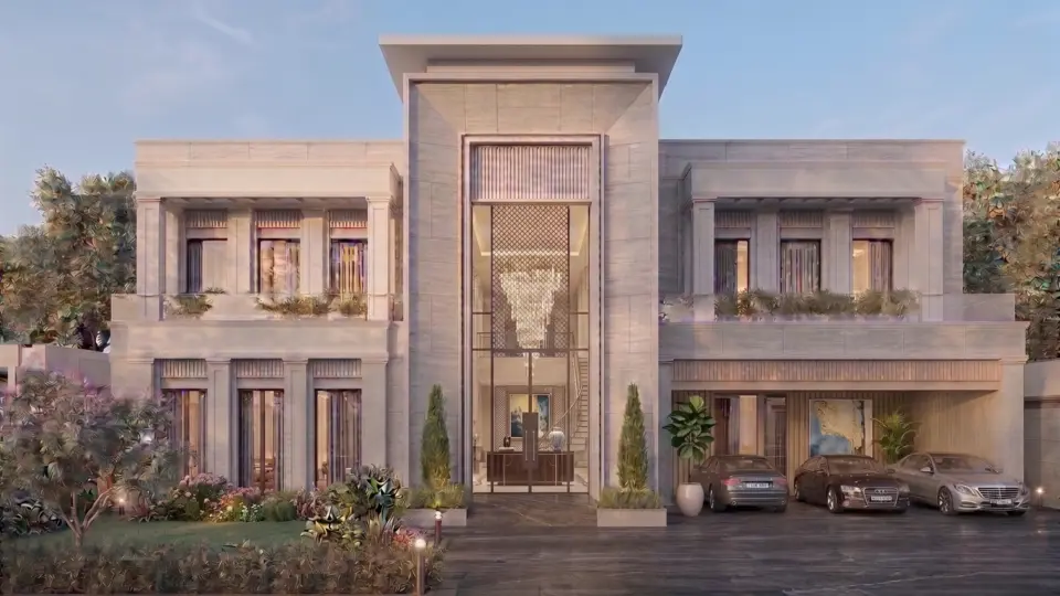 Stone-clad neo-classical house on a 2 Kanal plot in Gulberg Greens, Islamabad, with a columned entrance