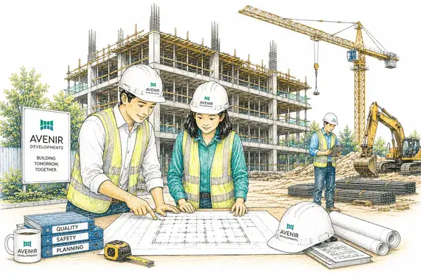 Sketch of site engineers in hard hats reviewing drawings at a building under construction, with a tower crane and an excavator