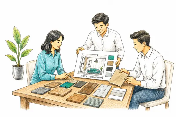 Sketch of interior designers reviewing a room render beside a table of tile, wood and stone material samples