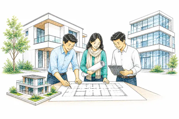 Sketch of architects reviewing floor plans and a scale model, with a modern house and a glazed commercial building behind them