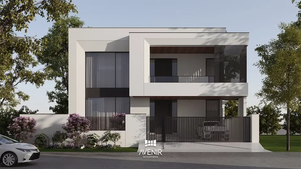 Front elevation of a 1 Kanal modern house in DHA Phase 5 Islamabad with a white rendered first floor overhanging the car porch