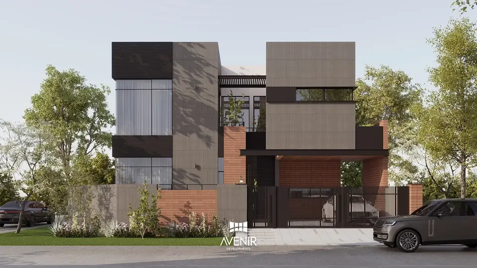 3D view of a 1 Kanal modern house in DHA Phase 9 Prism Sector A, Lahore, in dark cladding with recessed windows