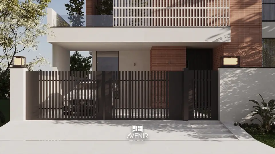 Front elevation of a 1 Kanal modern house in DHA Phase 9 Prism, Lahore, with timber screens over the first floor and a brick porch wall