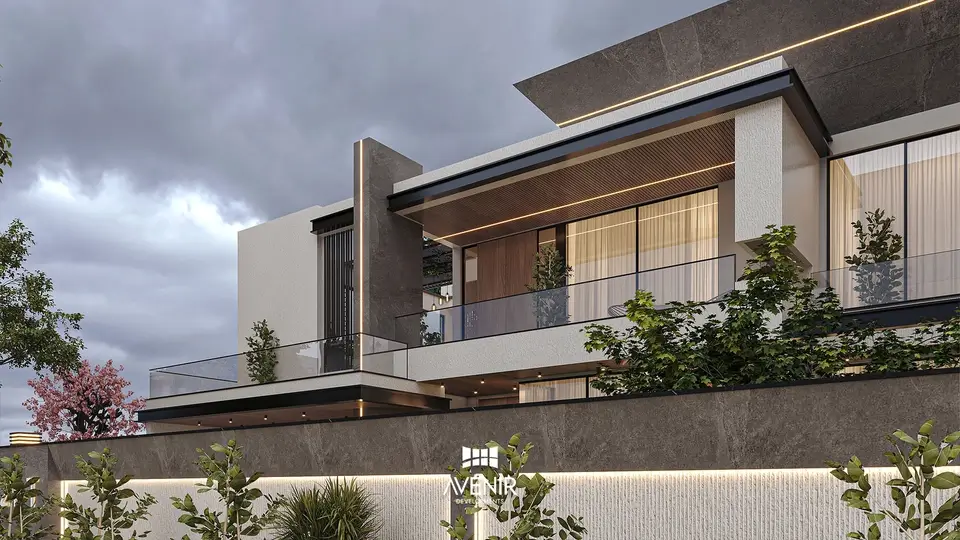 Close view of the upper floor and lit boundary wall of the 2 Kanal modern house in DHA Phase 8, Lahore, by Avenir Developments