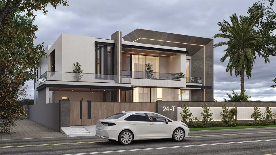 Street view of the 24-T house in DHA Phase 8 Lahore: timber-clad sliding gate, stone-clad pier with the plot number and a first-floor terrace