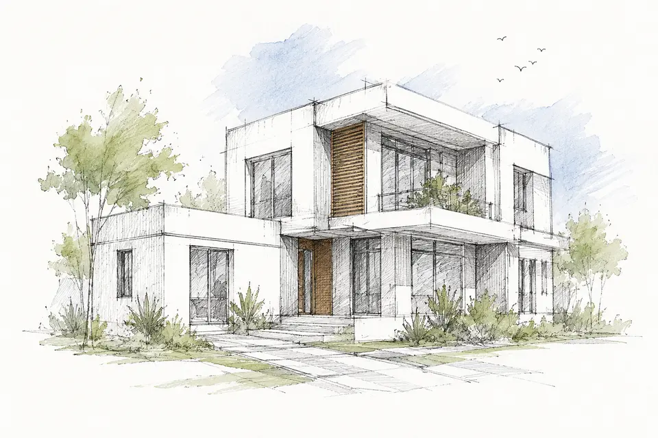 Pencil and watercolour sketch of a two-storey modern house with timber screens