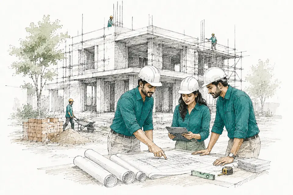 Sketch of an engineer and two site staff reading drawings in front of a house under construction