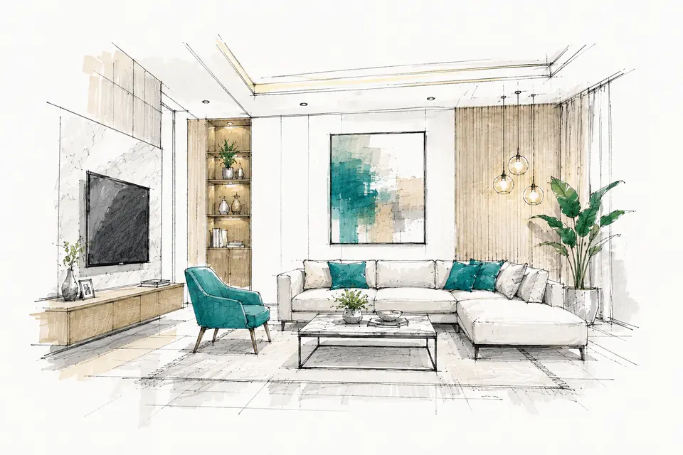Sketch of a living room interior with a sectional sofa, timber panelling and teal accents