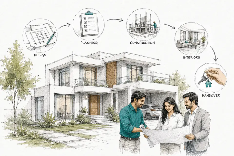 Sketch of a client couple and an architect reading plans, with the stages design, planning, construction, interiors and handover