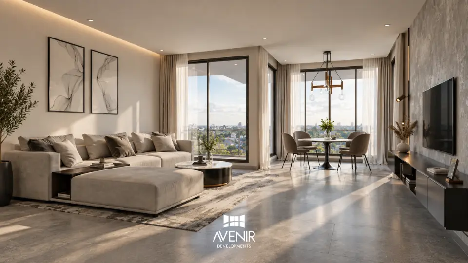 Lounge of a 2-bedroom apartment at AVANA, DHA Islamabad, in a render of Avenir's interior design