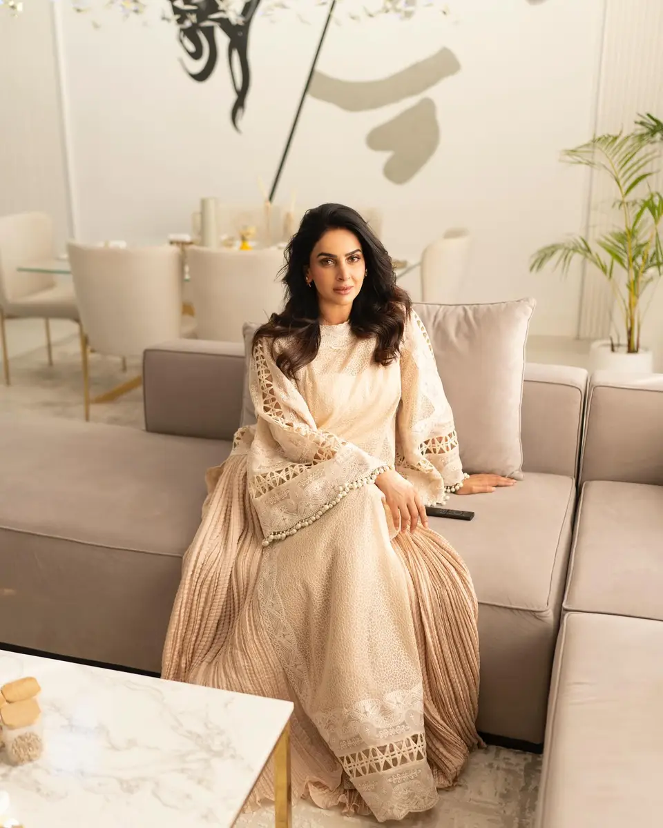 Saba Qamar in the living room of her house in DHA Lahore, designed and built by Avenir Developments